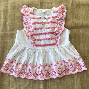 ♥️NWT Gap Ruffle Sleeve Pink & White Eyelet Top XS